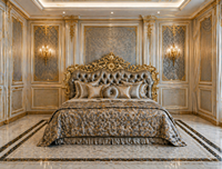 Ensemble de meubles de chambre à coucher style Birmingham en or antique, lit en teck de qualité supérieure avec tables de chevet et coiffeuse, acheter suite de chambre USA