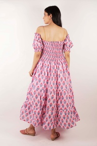 Robe longue en mousseline respirante, imprimée numériquement à la main, écologique, style indien, épaules dénudées, coupe trapèze, formelle pour femme - Product Image 5