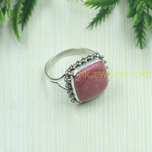 Natural Pink Rhodonite Gemstone Ring Handmade 925 Sterling Silver Vintage Boho Statement Jewelry Cushion Shape Gift for Unisex - Product Image 6