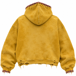 เสื้อฮู้ดดี้ทรงโอเวอร์ไซส์สีเหลืองมัสตาร์ดวินเทจสำหรับผู้ชาย มีกระเป๋าหน้า แต่งขาดแบบดิสเทรส - Product Image 2