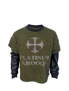 Custom Distressed Olive Green Rhinestone Cross Oversized Graphic Tee Two Piece Long Leather Sleeves Vintage Washed <b>Y2K</b> Heavy - Product Image 1