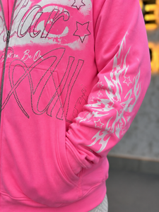 เสื้อฮู้ดซิปสีชมพูปักลายดีไซน์ใหม่ REXFIT SPORTS สำหรับผู้ชาย ทรงโอเวอร์ไซส์ สไตล์สตรีทแวร์ ผ้าฟลีซ พิมพ์ลายกลิตเตอร์ โลโก้ด้านหน้า แขนเสื้อแบบปกติ - Product Image 3