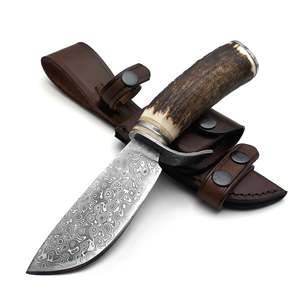 Cuchillo de caza de hoja fija de acero de Damasco con diseño de gota de lluvia, mango de cuerno de ciervo natural, personalizable OEM, 1 año de garantía, de UA Supplies - Product Image 1