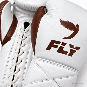 Gants de boxe professionnels en cuir Fly, à lacets, pour adultes, blancs avec accents marron, design respirant - Product Image 2