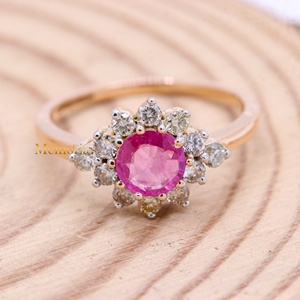 Wholesale 14K Solid Yellow Gold Natural Round Ruby Diamond Halo Floral Cluster Ring Fine Jewelry Memoria Jewels - Product Image 6