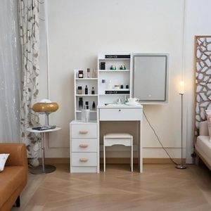 Toeletta Moderna con Illuminazione a 3 Colori, 4 Cassetti, Scaffalature Aperte e Specchio Mobile - per Appartamenti - Product Image 6