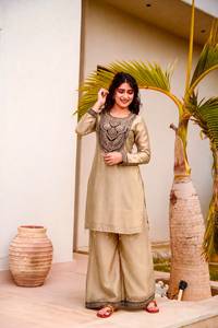 Women Beige Embroidery Sequence Work and Hand Stitched Latkan Work <b>Kurta</b> Palazzo Set Traditional Loose Fit Ethnic Wear Quick Dry - Product Image 1
