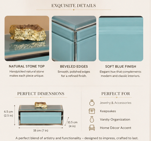 Light <b>Blue</b> Glass Jewelry Storage Box with Natural Stone Accent Gold Detail Beveled Edges and Soft Finish - Product Image 2