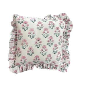 Funda de cojín cuadrada artesanal premium de algodón puro con estampado a mano estilo bohemio de Jaipur, con volantes, ecológica, para uso en el hogar y hoteles. - Product Image 1