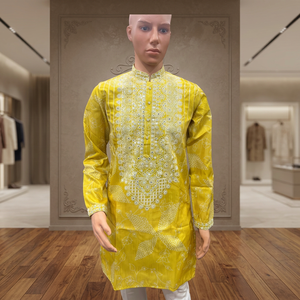 Kurta jaune brodé pour homme, style traditionnel indien et pakistanais, pour mariage et occasions festives - Product Image 4