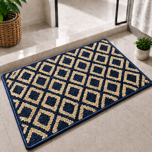 Paillasson élégant et lavable en tissu bleu et beige à motif losanges géométriques pour la décoration d'entrée de maison moderne - Product Image 2