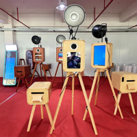Photomaton rétro en bois de qualité supérieure avec imprimante instantanée, installation facile pour les mariages en plein air, les jardins et les fêtes