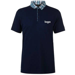 Men's <b>Navy</b> <b>Blue</b> Short Sleeve Polo Shirt With Plaid Collar And Front Logo Print Casual Regular Fit 100% Cotton Pique Knitted - Product Image 1