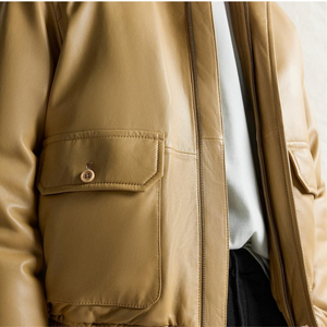 Men's Tan Genuine Leather Streetwear Jacket Spread Collar <b>Zip</b> Front Button Flap Pockets Relaxed Fit Elastic Hem Custom Outerwear - Product Image 5