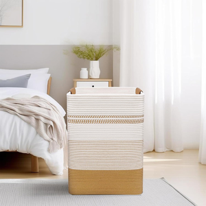 Grand panier de rangement carré en corde de coton tressée à la main, écologique, avec doublure en paille, ouverture supérieure, deux poignées en cuir, rayé - Product Image 6