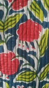 Designer Blue <b>Quilted</b> Cotton Tote Bag with Red Floral Hand Block print Open Casual Shopping Reusable <b>Handbag</b> For Women - Product Image 2
