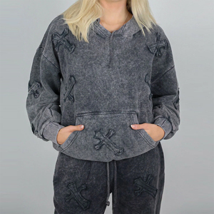 Ensemble sweat-shirt et pantalon gris gaufré croisé pour femme, coupe ample, taille mi-haute avec cordon de serrage, longueur intégrale, couleur unie, tenue décontractée d'automne - Product Image 6
