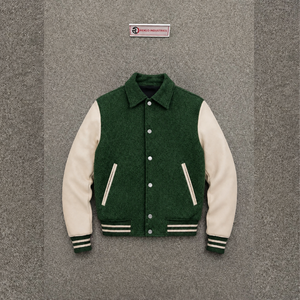 Veste universitaire verte pour homme avec manches crème, col rabattu, style preppy, mélange laine et polyester, vêtement d'automne MODERN LETTERMAN BA - Product Image 5