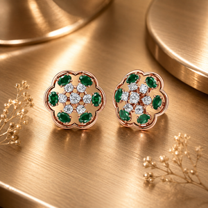 Oval Shape <b>Emerald</b> Gemstone Lab Grown Diamond Floral <b>Stud</b> Earrings 10K 14K 18K Gold 925 935 Silver - Product Image 1