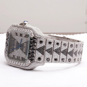 Montre-bracelet de luxe ronde pour homme, de haute qualité, style Hip Hop Bling, entièrement sertie de diamants de laboratoire, en argent et or, à mouvement quartz - Product Image 2