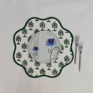 Round scalloped botanical Placemat Block Print fabric <b>table</b> mat easy care machine washable <b>rustic</b> kitchen decor <b>dining</b> mat <b>set</b> - Product Image 3