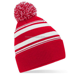 Wholesale Custom Stripe Winter Warm Unisex 100% <b>Wool</b> <b>Beanie</b> Striped Knitted Jacquard Cuffed Pom Pom Cap Hats - Product Image 4
