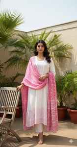 Conjunto de Kurta Larga con Pantalón y Dupatta de Lona para Mujer, 3 Piezas, Elegante, Festivo, Étnico, Midi, 100% Poliéster - Product Image 4