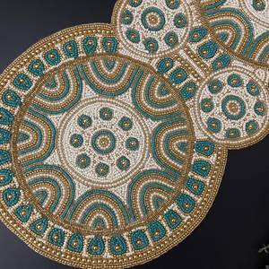 Bohemian Embroidered Oval <b>Table</b> <b>Runner</b> Fabric Handmade Decorative Mat with Teal and <b>Gold</b> Mandala Design - Product Image 2