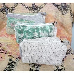 Beautiful Vintage Kantha Floral Printed Quilted Zipper Closure 3-Piece Women's Travel for <b>Pouch</b> Set Cosmetic Bags - Product Image 4