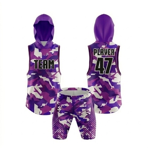 Ensemble de maillot de basket-ball camouflage violet personnalisé, à capuche, sans manches, respirant, coupe athlétique, pour hommes, équipe 47, impression sublimée - Product Image 4