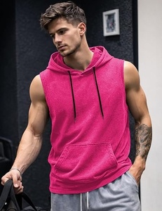 Camiseta sin mangas con capucha para hombre, de punto, color liso, estilo musculoso, para verano, 100% algodón, transpirable, forro polar lavado. - Product Image 3