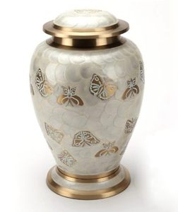 Elegant White Butterfly Funeral Urn – Handcrafted Brass Cremation Urn for Adult Ashes – Pearl Finish <b>Memorial</b> Urn. - Product Image 1