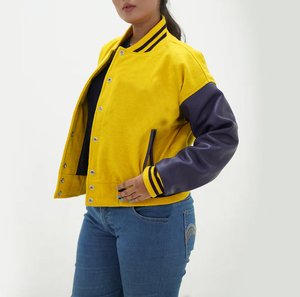 Veste universitaire en cuir véritable personnalisée grande taille pour femmes vêtements d'extérieur d'hiver Patchwork en tissu de laine longue pour le printemps - Product Image 3