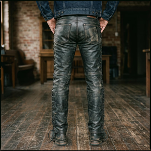 Pantalones de cuero negro desgastado para hombre con cordones laterales, estilo motociclista, vaquero, pantalones de cuero resistentes para montar. - Product Image 4