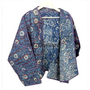 Hand Quilted Indian Women's 100% Cotton Mandarin Collar <b>Kantha</b> Hand Block Print All Season Coat Cotton Piping Partywear <b>Jacket</b> - Product Image 2