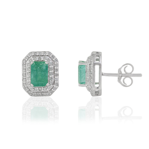 Handmade Collection of 100% Natural Zambian <b>Emerald</b> & Diamond Double Cluster <b>Stud</b> <b>Earrings</b> Latest 14K White Gold Bulk Jewelry - Product Image 3
