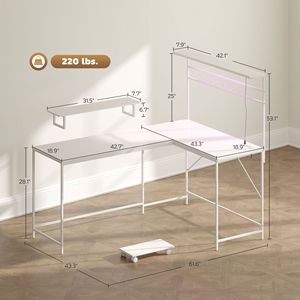 Scrivania da Gaming a L Bianca da 156 cm con Luci LED, Prese di Corrente, Superficie Stabile in MDF, Supporto per Monitor e Ripiano per CPU - Product Image 3