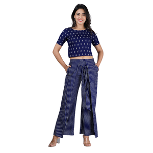 Ensemble 2 pièces pour femmes, haut court imprimé, pantalon palazzo rayé, manches courtes, col rond, coupe régulière, décontracté, printemps-été - Product Image 3