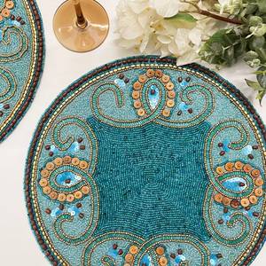 Handmade Knitted Floral Pattern Polyester/Cotton Eco-Friendly Home Use <b>Placemat</b> Set Teal & Wood <b>Beads</b> 14 Inch - Product Image 4