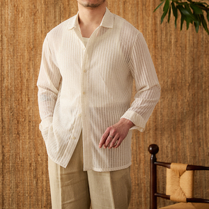 เสื้อเชิ้ตผู้ชายทรงหลวม ผ้าฝ้าย 100% สีขาว แขนยาว สไตล์ลำลอง ระบายอากาศได้ดี ปกคอพับได้ สีพื้น ผ้าป๊อปลิน ติดกระดุมแถวเดียว เหมาะสำหรับฤดูร้อน - Product Image 6