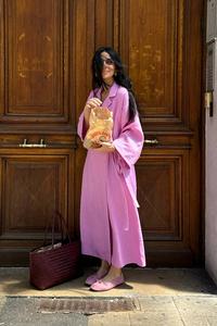 Robe en coton et lin, nouveau style printemps-été 2026, robe longue décontractée et ample, col à revers avec lacets - Product Image 3