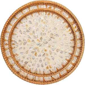 Elegante bandeja de servir de ratán con incrustaciones de nácar para decoración del hogar, bandeja de servir de ratán hecha a mano con incrustaciones de nácar y precio bajo. - Product Image 1