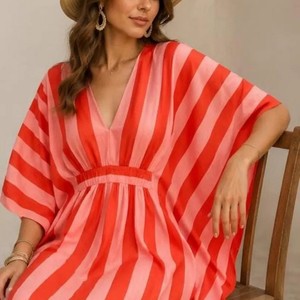 Robe longue décontractée pour femme à rayures, col rond, manches courtes, coupe ample, respirante, tissée, 100 % polyester, idéale pour l'été - Product Image 4