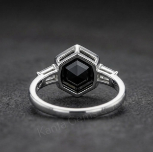 Bague minimaliste en argent sterling 925 plaqué oxydé avec pierre précieuse en onyx noir hexagonal de 8 mm, sertie dans un cadre, cadeau pour lui - Product Image 2