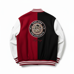 Chaqueta Varsity para Hombre Street Legends, Diseño de Bloques de Color Rojo y Negro, Parches Bordados, Chaqueta Bomber Estilo Urbano - Product Image 5