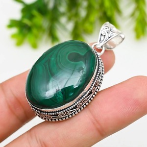 Pendentif artisanal en malachite verte, style bohème, en argent sterling 925, serti clos, vintage - Product Image 6