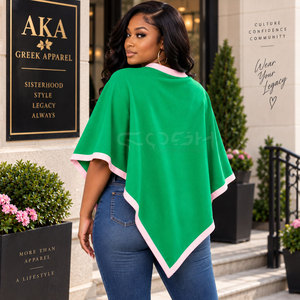 Poncho vert Cosh International Sisterhood Sorority avec bordure rose et fermeture à boutons, pull tricoté décontracté sans manches à col rond - Product Image 5