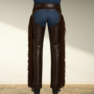 Women Genuine Leather Breathable Western <b>Chaps</b> Mid Rise Regular Fit Fringe Decorated Buckle Closure Customized Logo <b>Riding</b> - Product Image 5
