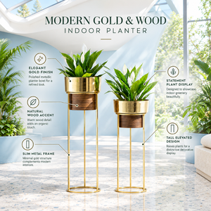 Juego de Macetas de Lujo con Recubrimiento de Polvo Metálico Dorado y Detalles en Madera |   Soportes Altos para Macetas de Interior, Juego de Decoración para Sala de Estar, Hotel, Oficina y Hogar - Product Image 5