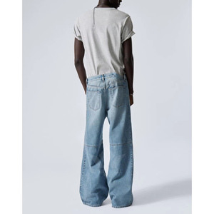 Jean en denim bleu clair pour homme, coupe large, taille haute, décontracté, longueur intégrale, en coton délavé, style streetwear - Product Image 3